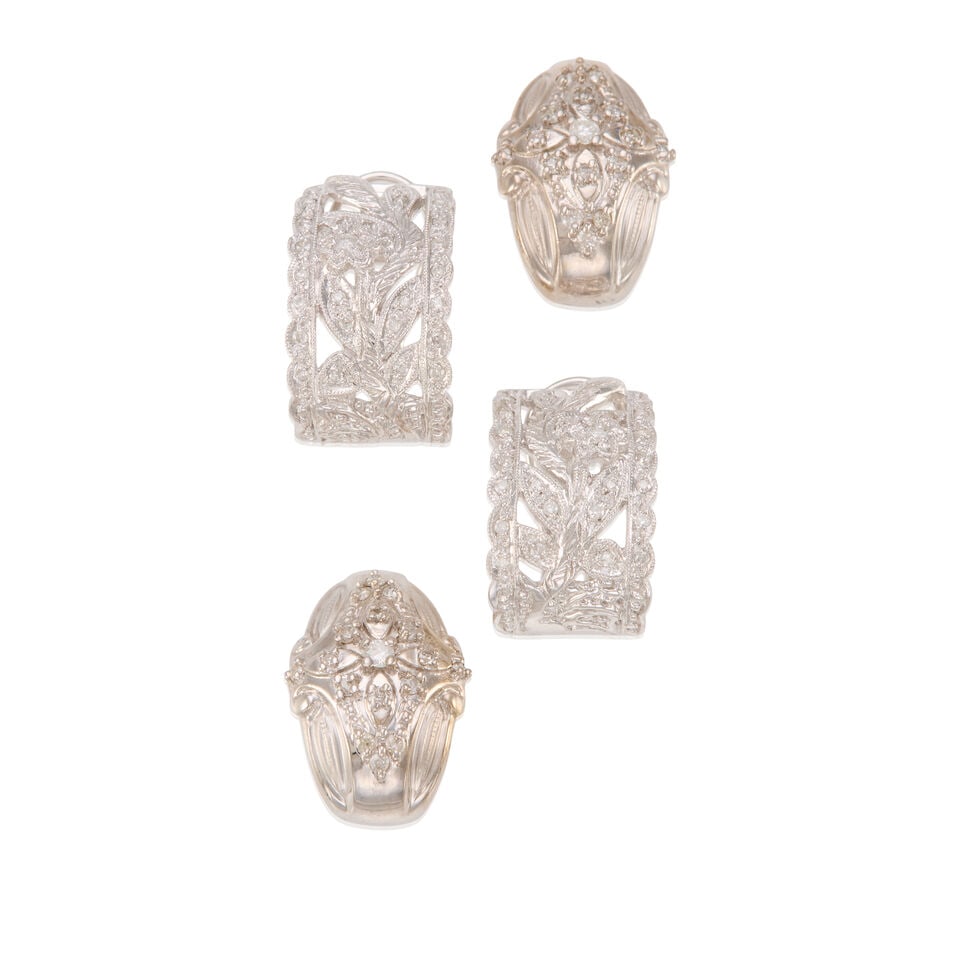 14K GOLD AND DIAMOND EARRINGS: 14K GOLD AND DIAMOND EARRINGS • One pair of 14K white gold earrings with numerous round brilliant cut diamonds weighing approximately 0.30 carat total, measures 13/16 in. x 9/16 in. • One 