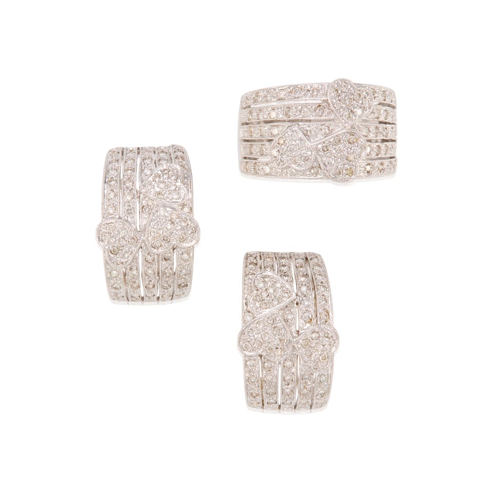 18K GOLD AND DIAMOND EARRINGS AND RING: 18K GOLD AND DIAMOND EARRINGS AND RING • One 18K white gold ring with numerous round brilliant diamonds weighing approximately 0.60 carat total, size 7 • One pair of 18K white gold