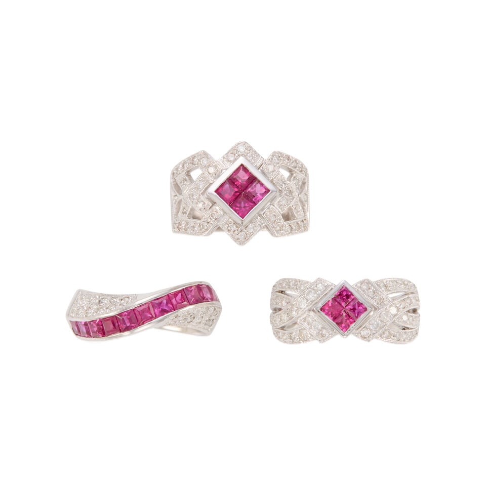 14K GOLD, RUBY AND DIAMOND RINGS: 14K GOLD, RUBY AND DIAMOND RINGS • One 14K white gold ring with 12 square shaped rubies weighing approximately 0.80 carat total, with numerous round shaped diamonds, size 6 1/4 • One 14K