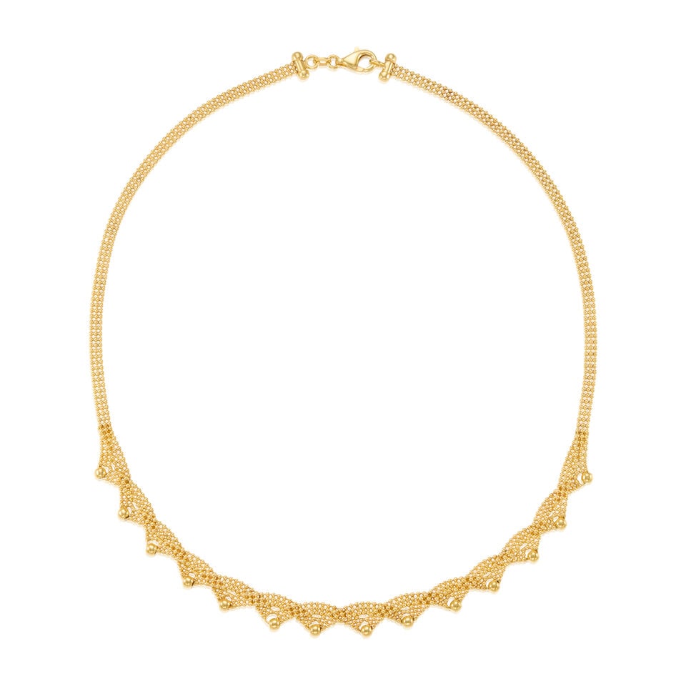 14K GOLD NECKLACE: 14K GOLD NECKLACE • 14K yellow gold • Length 16 1/2 in. • Estimated gross weight: 12.4 grams Footnotes: Overall condition, very good Metal stamped and tested for 14K gold Superficial