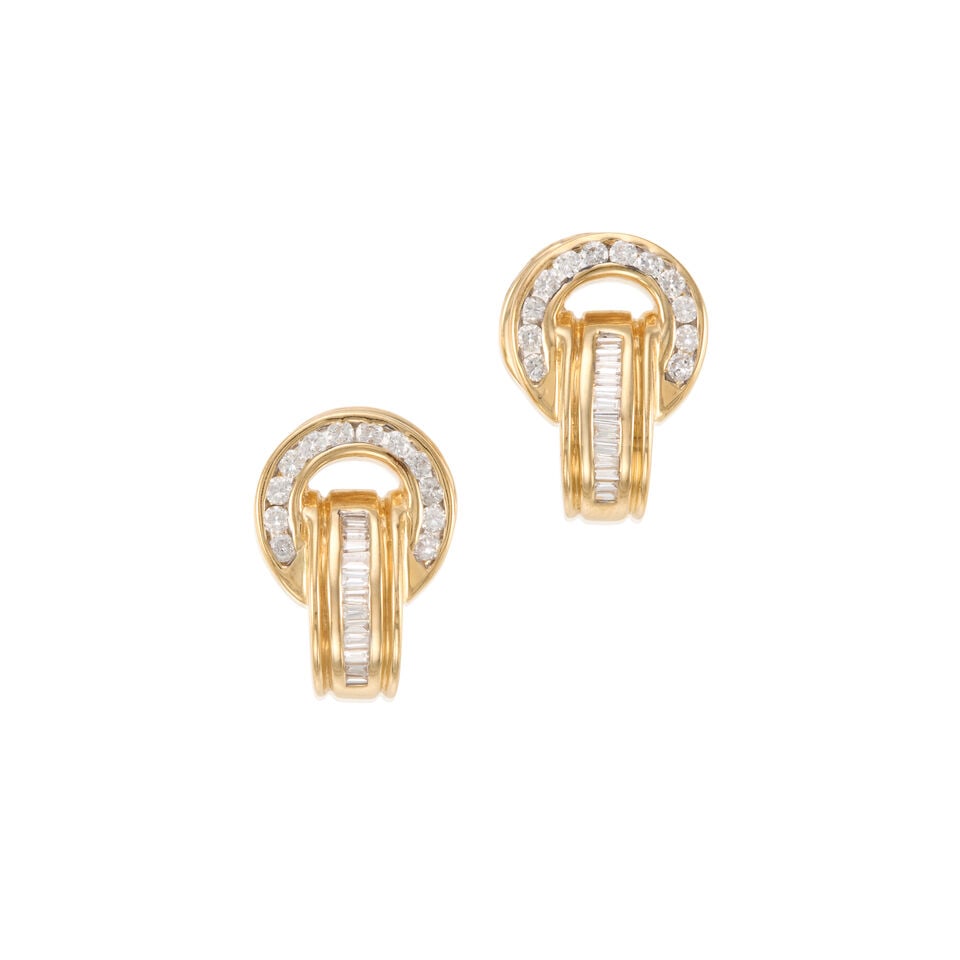 14K GOLD AND DIAMOND EARRINGS: 14K GOLD AND DIAMOND EARRINGS • 14K yellow gold • Numerous round and rectangular shaped diamonds weighing approximately 0.70 carat total • Measures 3/4 in. x 9/16 in. •