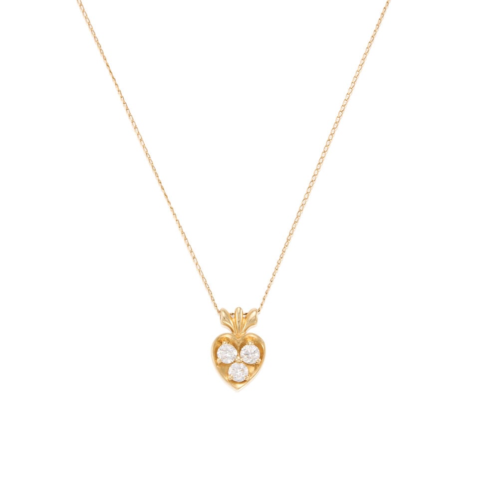 14K GOLD AND DIAMOND PENDANT NECKLACE: 14K GOLD AND DIAMOND PENDANT NECKLACE • 14K yellow gold • Three round brilliant cut diamonds weighing approximately 0.45 carat total • Pendant measures 5/8 in. x 7/16 in. •