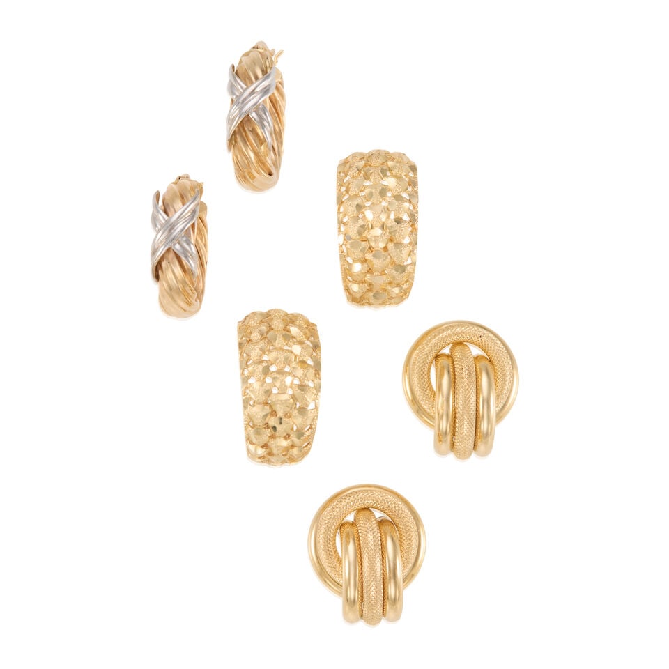 14K GOLD EARRINGS: 14K GOLD EARRINGS • One pair of 14K yellow gold earrings, measuring 1 1/16 in. x 7/8 in. • One pair of 14K yellow gold earrings, measuring 7/8 in. x 11/16 in. • One pair of 14K