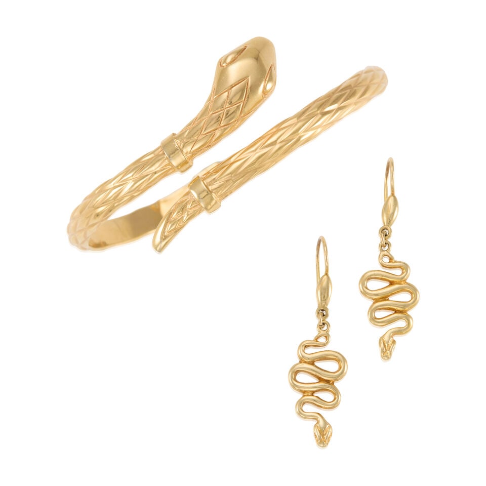 14K GOLD SNAKE SET: 14K GOLD SNAKE SET • 14k yellow gold • Bracelet inner circumference 6 1/4 in., earring measures 1 5/8 x 1/2 in. • Estimated gross weight: 12.7 grams Footnotes: Overall condition, ver