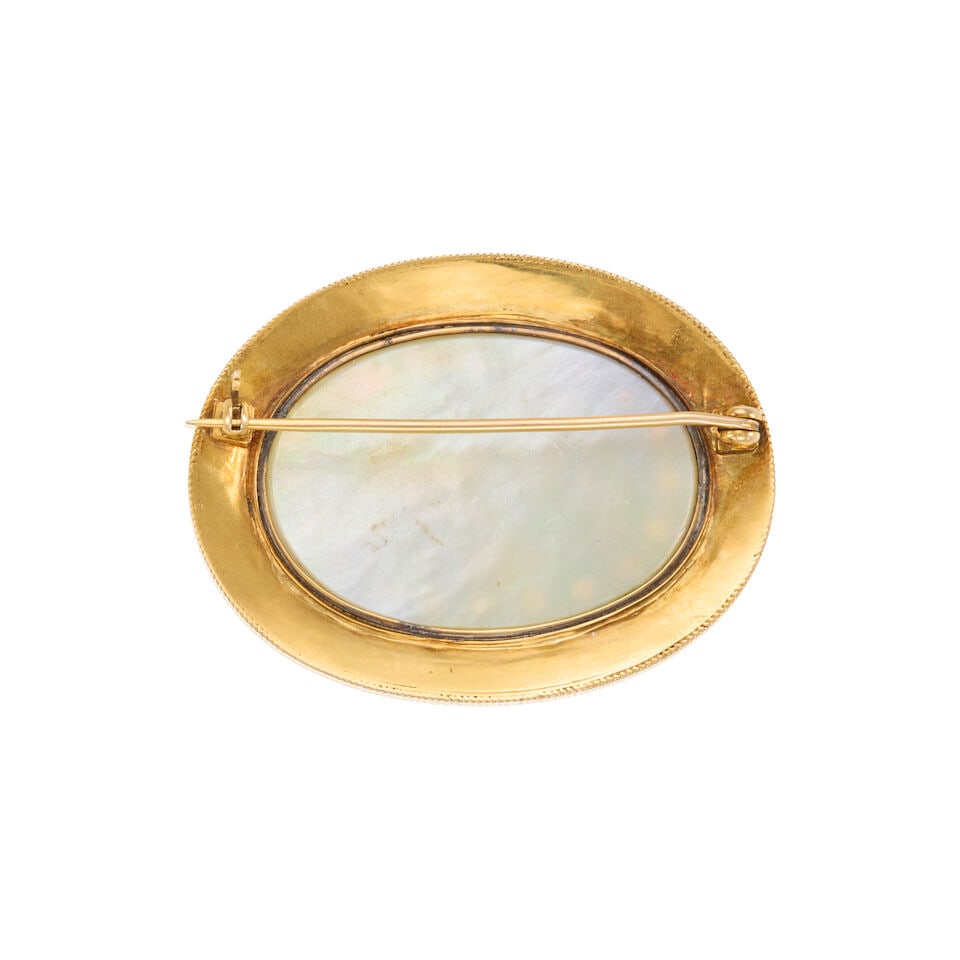 14K GOLD, MOTHER OF PEARL, CORAL, AND HARDSTONE BROOCH - 2