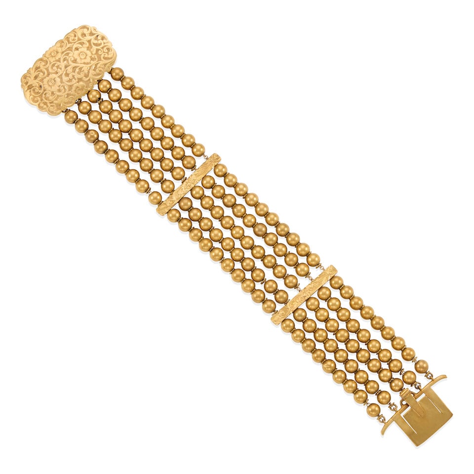 ANTIQUE GOLD BRACELET: ANTIQUE GOLD BRACELET • 18k yellow gold clasp, low carat gold beads • Personal inscription on back of clasp • Length 7 in. • Estimated gross weight: 30.6