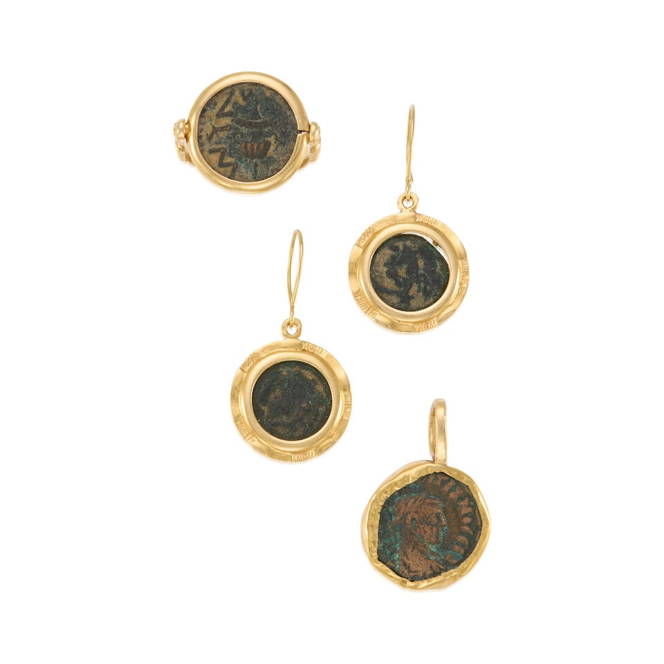 GOLD AND COIN SUITE: GOLD AND COIN SUITE • One 14K yellow gold coin ring with reversible coin, size 7 3/4 • One 18K and 22K yellow gold coin pendant, measures 1 1/16 in. x 13/16 in. • One pair of 18K