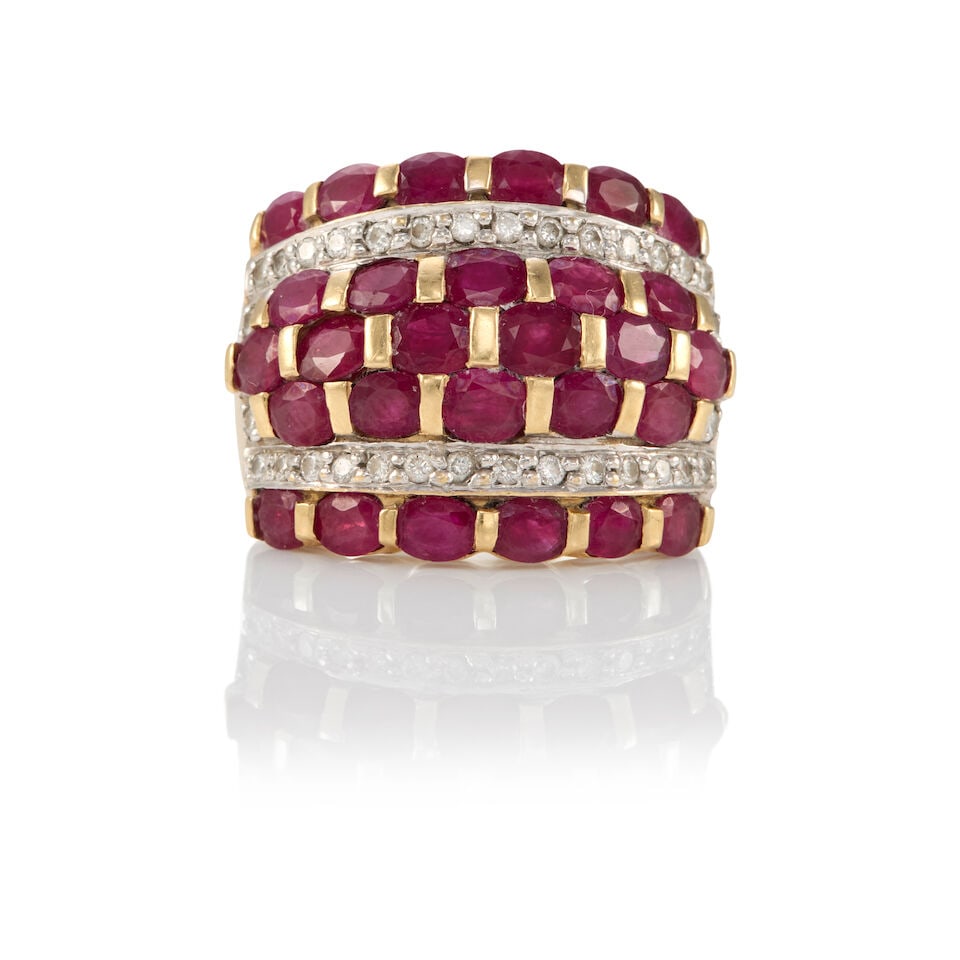 14K GOLD, RUBY, AND DIAMOND RING: 14K GOLD, RUBY, AND DIAMOND RING • 14K yellow gold • Numerous square shaped rubies weighing approximately 3 carats total • Numerous round shaped diamonds weighing approximately 0.30