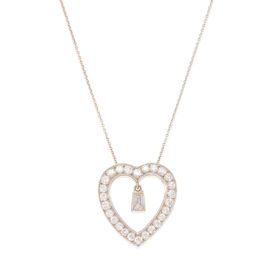 PLATINUM, GOLD, AND DIAMOND PENDANT NECKLACE: PLATINUM, GOLD, AND DIAMOND PENDANT NECKLACE • 14K white gold and platinum • Numerous round brilliant stones weighing approximately 1.80 carats total • One tapered baguette diamond