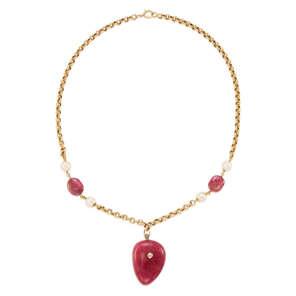 GOLD, RUBY, AND CULTURED PEARL NECKLACE: GOLD, RUBY, AND CULTURED PEARL NECKLACE • 9K, 14K, and 18K yellow gold • Three drilled rubies measuring approximately 14.98mm x 11.94mm x 3.86mm to 34.9mm x 25.28mm x 7.93mm • Four