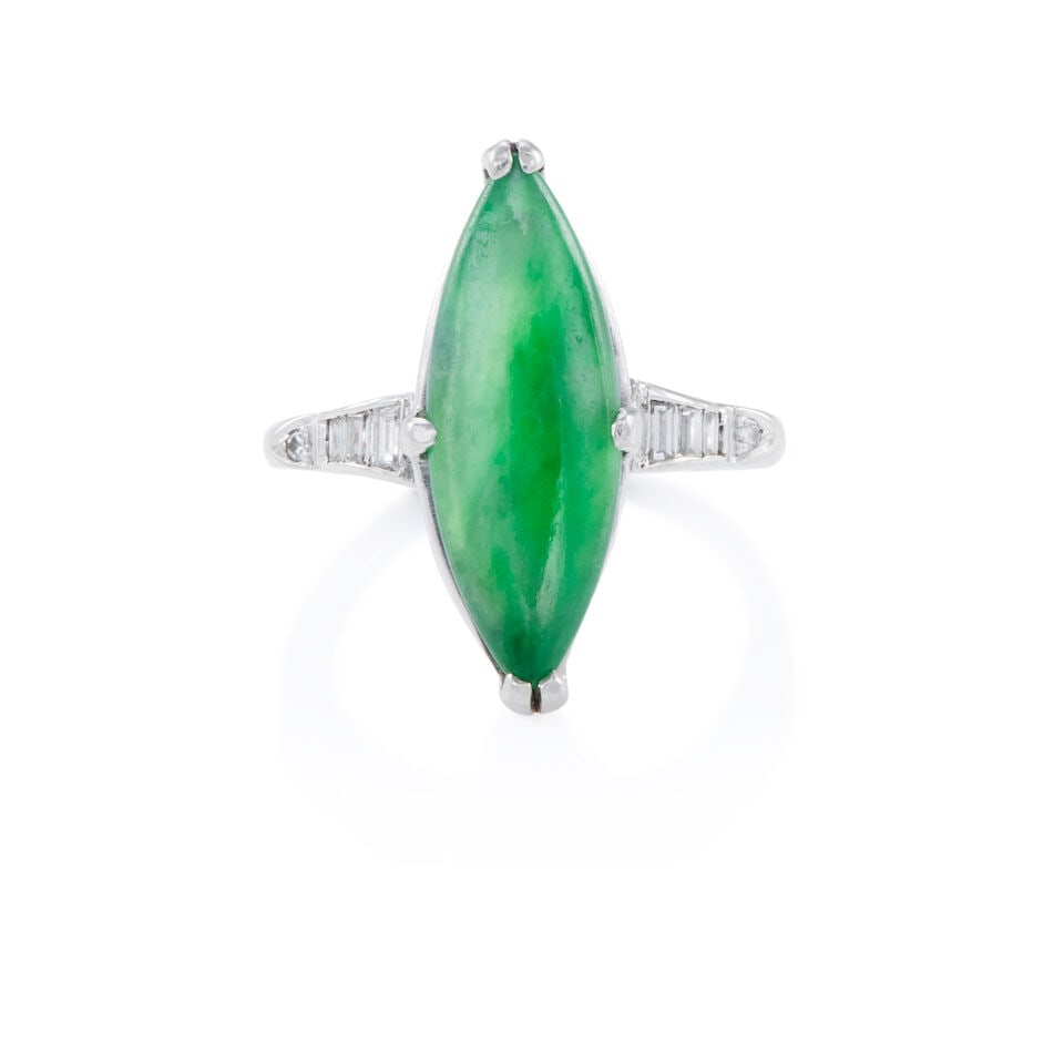 PLATINUM, 14K GOLD, JADE, AND DIAMOND RING: PLATINUM, 14K GOLD, JADE, AND DIAMOND RING • Platinum and 14K white gold • One marquise jade measuring approximately 18.75mm x 7.72mm x 2.04mm • 6 baguette diamonds weighing