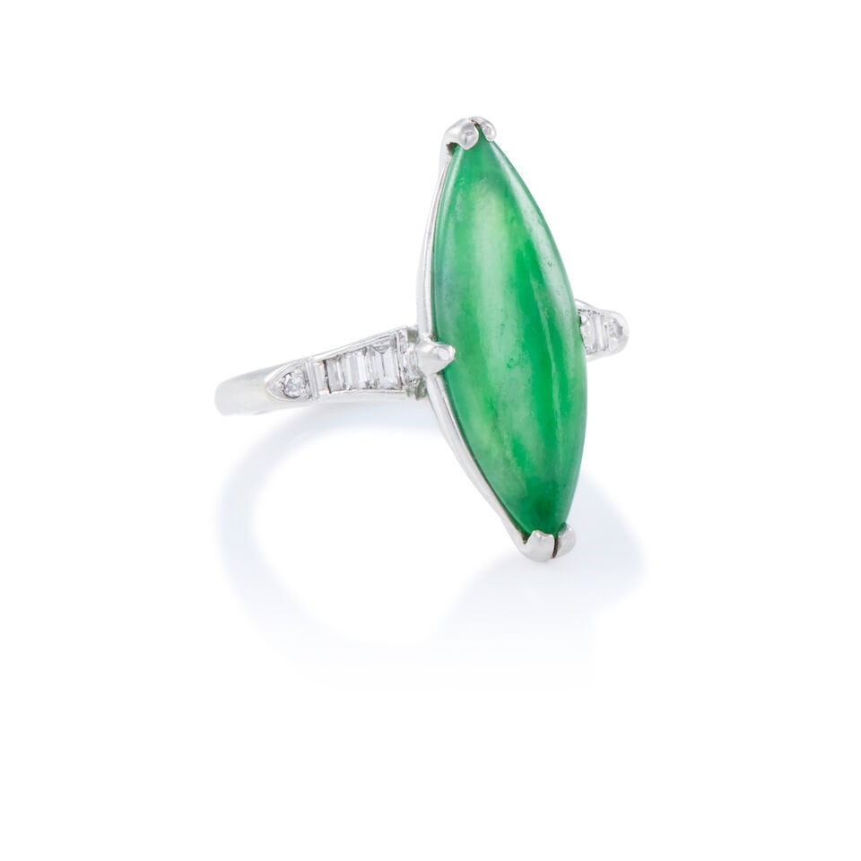 PLATINUM, 14K GOLD, JADE, AND DIAMOND RING - 2