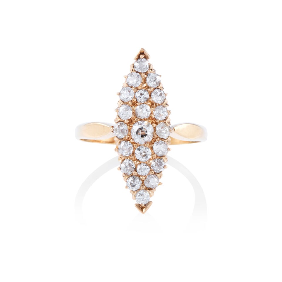 ANTIQUE 14K GOLD AND DIAMOND RING: ANTIQUE 14K GOLD AND DIAMOND RING • 14K yellow gold • 21 old European cut diamonds weighing approximately 0.60 - 0.80 carat total • Size 7 • Estimated gross weight: 3.8