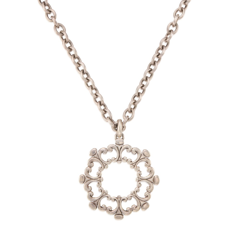 BUCCELLATI: STERLING SILVER PENDANT NECKLACE: BUCCELLATI: STERLING SILVER PENDANT NECKLACE • Sterling silver • Signed Buccellati • Length 30 3/4 in., pendant 2 1/2 x 2 1/4 in. • Estimated gross weight: 111.7