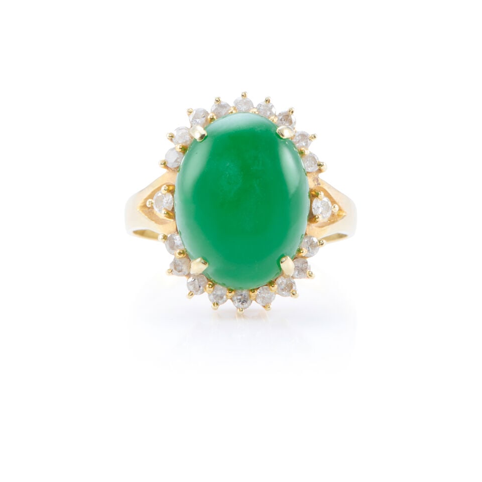 14K GOLD, JADE, AND DIAMOND RING WITH GIA REPORT: 14K GOLD, JADE, AND DIAMOND RING WITH GIA REPORT • 14K yellow gold • One double cabochon jade measuring 14.18mm x 10.77mm x depth cannot be determined due to the setting • Numerous