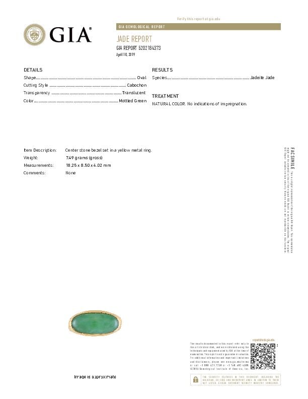 18K GOLD AND JADE RIGN WITH GIA REPORT - 2