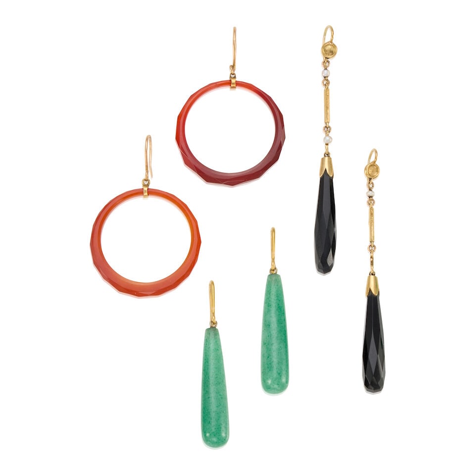 VICTORIAN GOLD AND GEMSTONE EARRINGS: VICTORIAN GOLD AND GEMSTONE EARRINGS • One pair of 14K yellow gold earrings with two carved carnelian pieces, measures 1 7/8 in. x 1 1/4 in. • One pair of 18K yellow gold earrings with