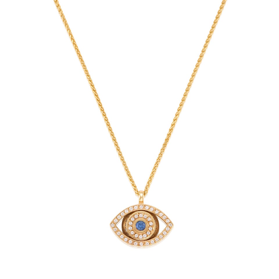 14K GOLD, SAPPHIRE, AND DIAMOND PENDANT NECKLACE: 14K GOLD, SAPPHIRE, AND DIAMOND PENDANT NECKLACE • 14K yellow gold • One round shaped sapphire weighing approximately 0.15 carat • Numerous round shaped diamonds weighing