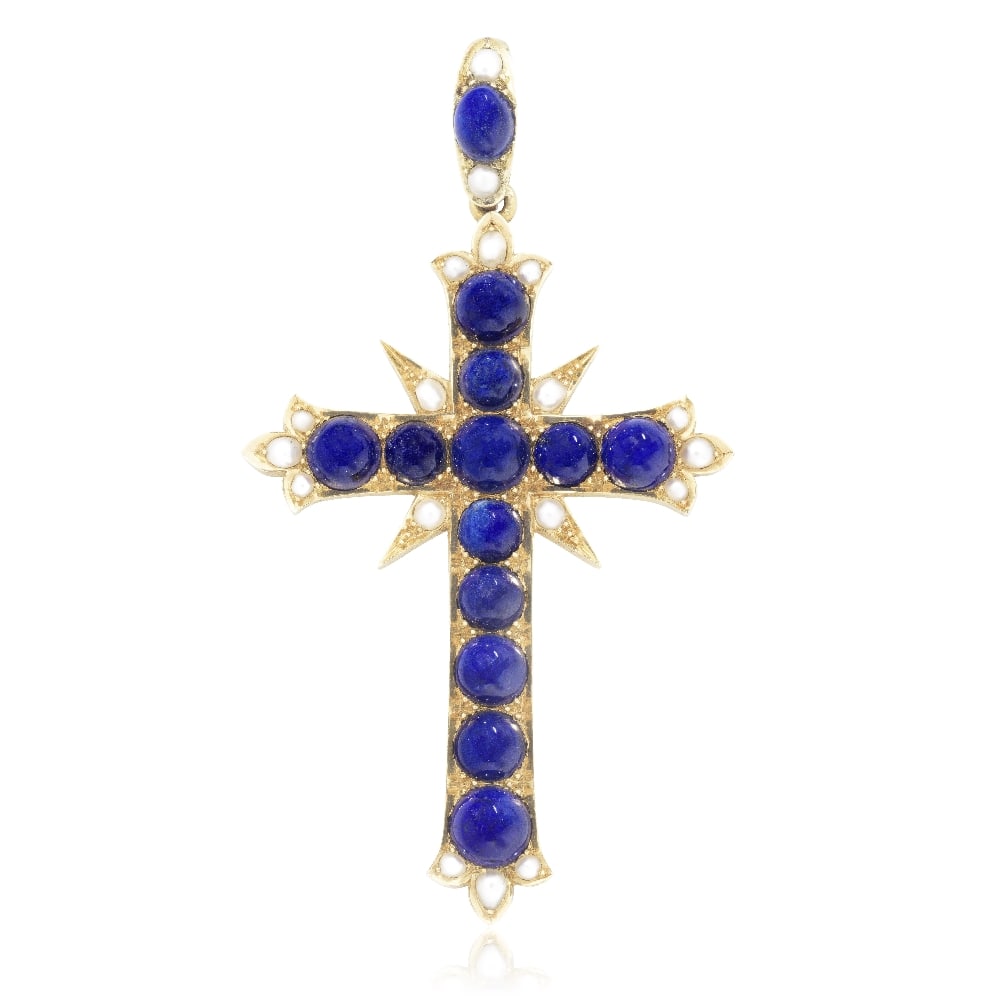 LAPIS LAZULI AND PEARL CROSS PENDANT, CIRCA 1875: LAPIS LAZULI AND PEARL CROSS PENDANT, CIRCA 1875 The Latin cross centrally set with lapis lazuli and accented by half pearls, mounted in gold, later pendant fitting, length 7.6cm, cased by