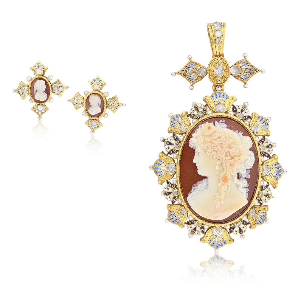 EDWIN STREETER: ENAMEL, PEARL, DIAMOND AND HARDSTONE CAMEO PENDANT/BROOCH, CAMEO BY FILIPPO TIGN...: EDWIN STREETER: ENAMEL, PEARL, DIAMOND AND HARDSTONE CAMEO PENDANT/BROOCH, CAMEO BY FILIPPO TIGNANI, CIRCA 1870 Depicting the bust of Goddess Flora in profile, her hair adorned with flowers, within a