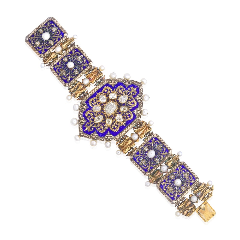 JULES WIÈSE: DIAMOND, PEARL AND ENAMEL BRACELET, CIRCA 1866: JULES WIÈSE: DIAMOND, PEARL AND ENAMEL BRACELET, CIRCA 1866 The central plaque set with old cushion, old pear and old oval-cut diamonds, on a blue guilloché-enamel ground applied with