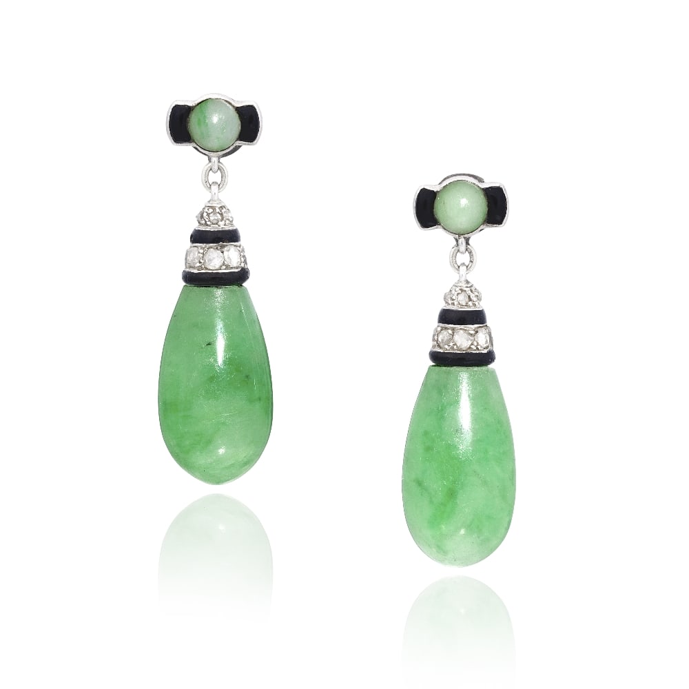 JADE, DIAMOND, ONYX AND ENAMEL PENDENT EARRINGS, CIRCA 1925 (1 of 1)