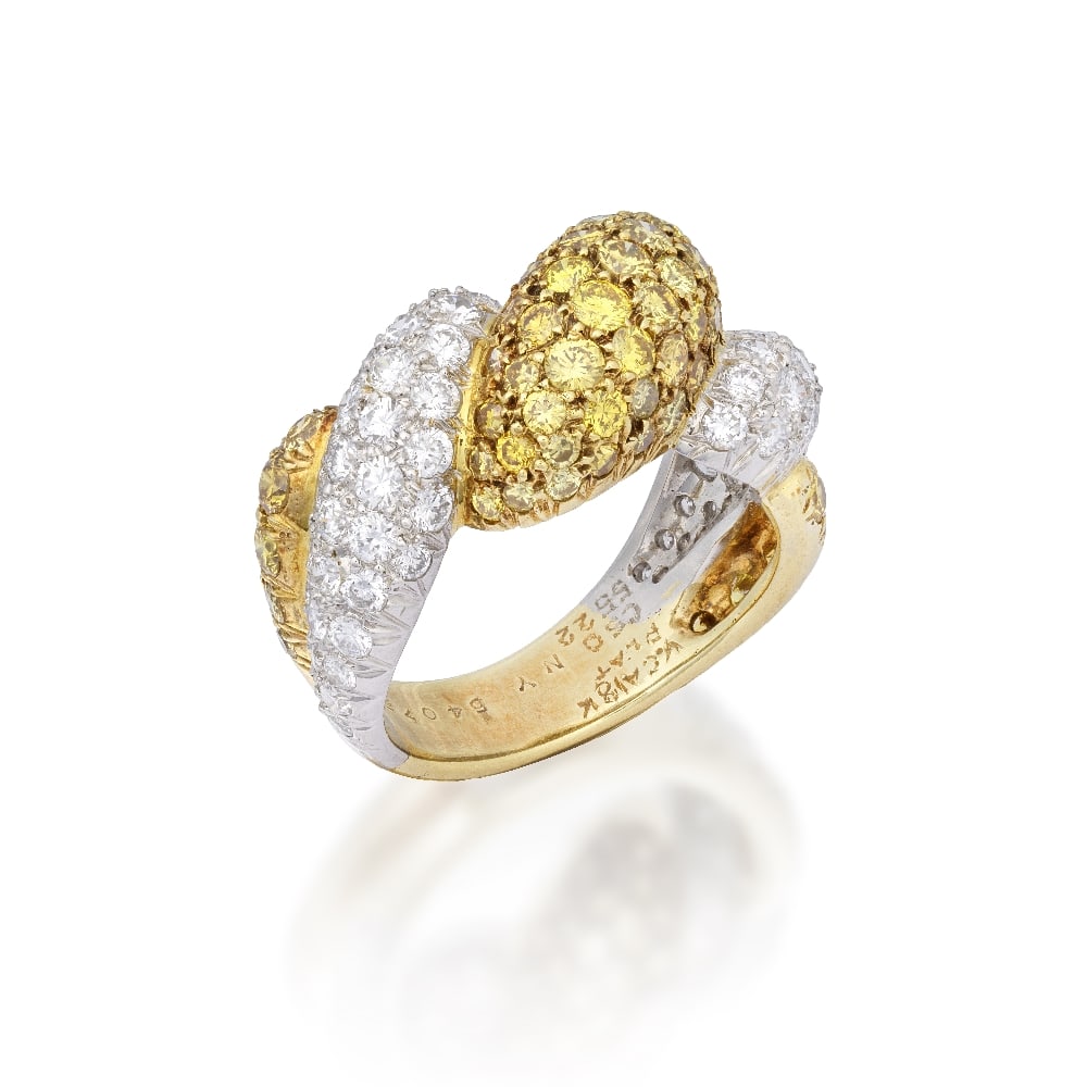 VAN CLEEF & ARPELS: DIAMOND AND COLOURED DIAMOND BOMBÉ RING, CIRCA 1980 (1 of 1)