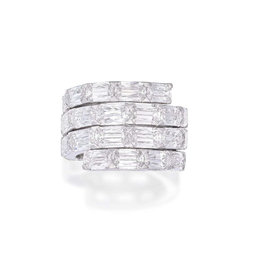 BOODLES: DIAMOND 'SPIRAL' RING: BOODLES: DIAMOND 'SPIRAL' RING Set to the front with twenty-six Ashoka-cut diamonds weighing 8.78 carats total, unsigned, ring size approximately J (leading edge), accompanied by a copy of a