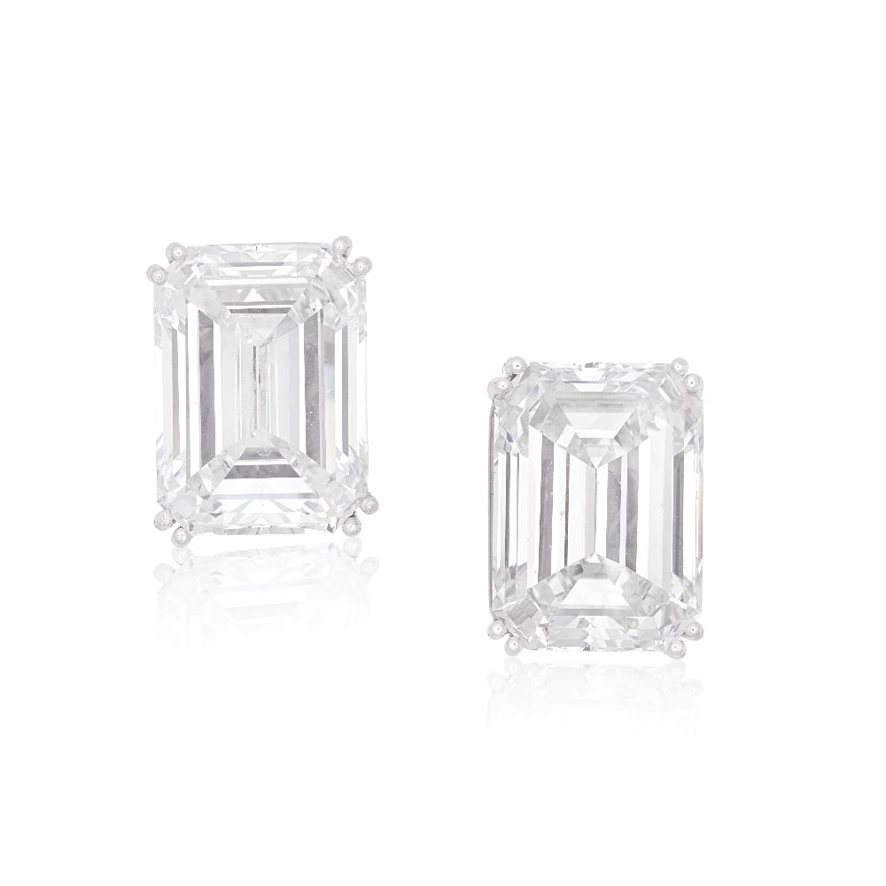 DIAMOND SINGLE-STONE EARSTUDS: DIAMOND SINGLE-STONE EARSTUDS Each emerald-cut diamond weighing 6.08 and 6.01 carats respectively, cased by Aldao, Madrid Footnotes: Jewels from the Collection of a Distinguished European Lady Lots 77