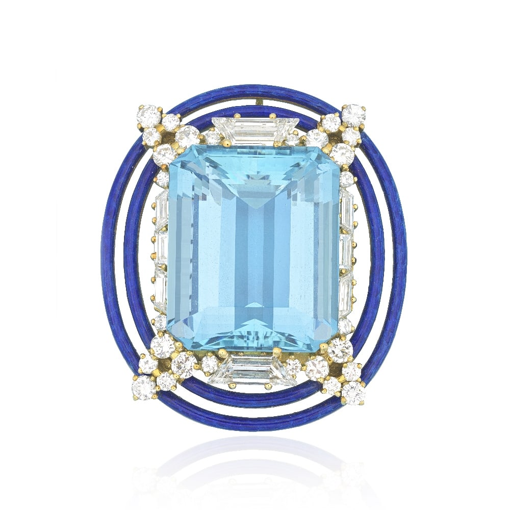 IVOR GORDON: AQUAMARINE, DIAMOND AND ENAMEL BROOCH: IVOR GORDON: AQUAMARINE, DIAMOND AND ENAMEL BROOCH The octagonal step-cut aquamarine within a surround of brilliant and step-cut diamonds, to an openwork blue enamel border, maker's mark for Ivor