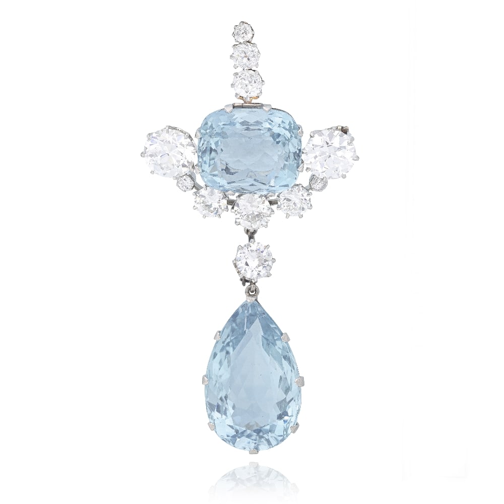 AQUAMARINE AND DIAMOND BROOCH, CIRCA 1890 AND LATER: AQUAMARINE AND DIAMOND BROOCH, CIRCA 1890 AND LATER The cushion-shaped aquamarine accented by old brilliant-cut diamonds with knifewire detail, terminating with a detachable pear-cut aquamarine drop