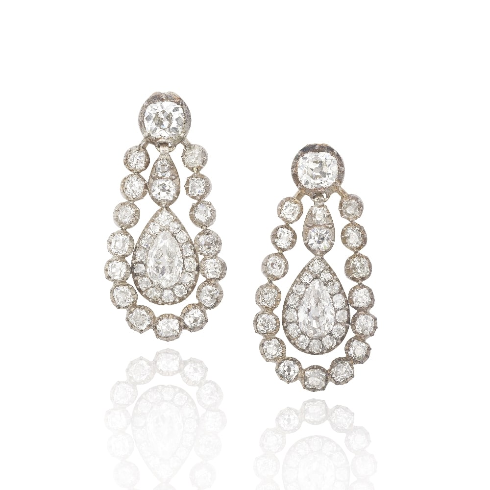 DIAMOND PENDENT EARRINGS, 19TH CENTURY: DIAMOND PENDENT EARRINGS, 19TH CENTURY Each articulating openwork drop set throughout with old cushion-shaped diamonds, accented by a central old pear-cut diamond, in pinched-collet settings, mounted