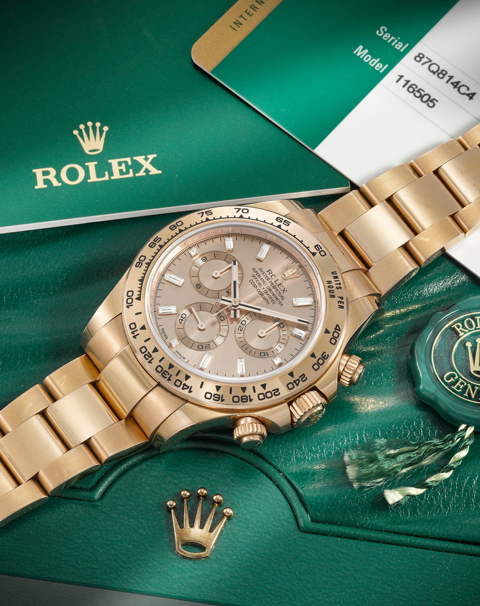 Rolex. A fine and rare 18K rose gold diamond set automatic chronograph bracelet watch Cosmograp... (1 of 1)
