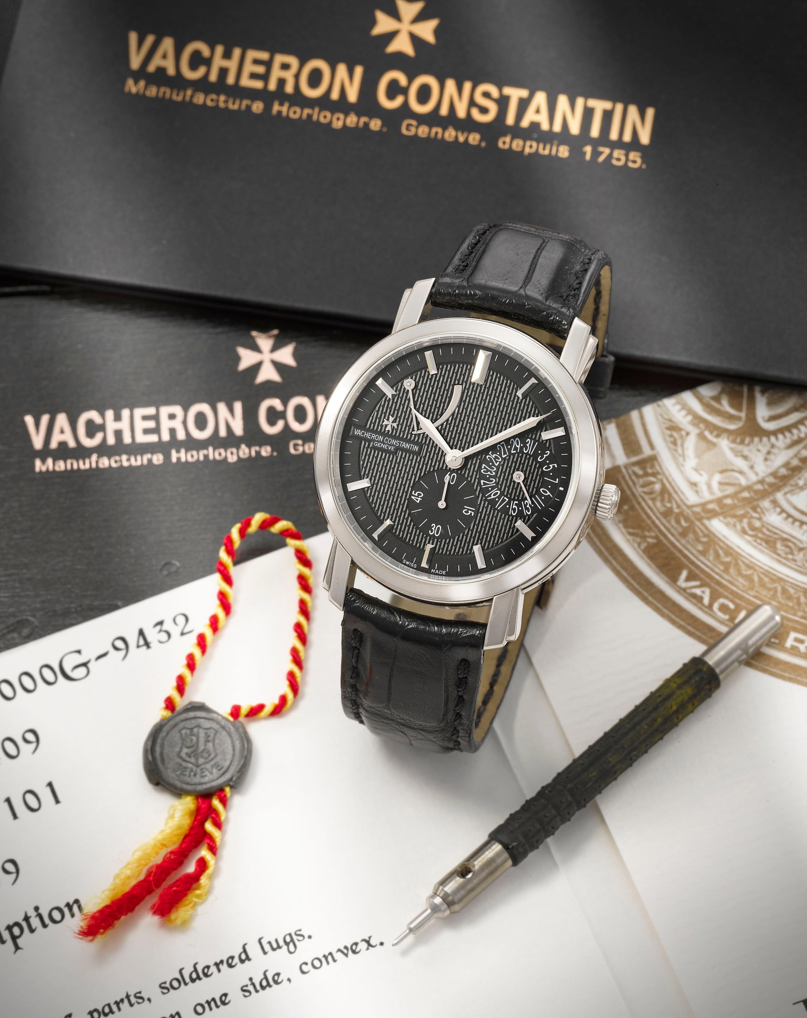 Vacheron Constantin. A fine and very rare 18K white gold manual wind calendar wristwatch with po...: Vacheron Constantin. A fine and very rare 18K white gold manual wind calendar wristwatch with power reserve Model: Malte Reference: 83060/000G-9432, No.50/50 Date: Purchased 21st December 2009 Movemen