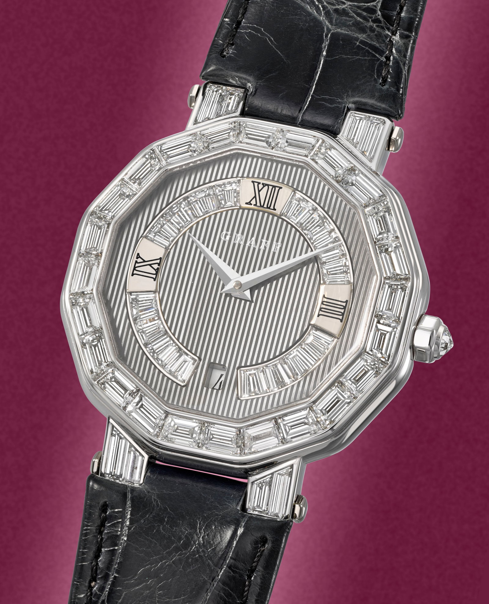 Graff. A fine and rare 18K white gold diamond set automatic calendar wristwatch Ref: GXXIX, Circ...: Graff. A fine and rare 18K white gold diamond set automatic calendar wristwatch Reference: GXXIX Date: Circa 2010 Movement: 26-jewel LWO Cal.1918 automatic Dial: Grey ridged, black Roman numeral quart