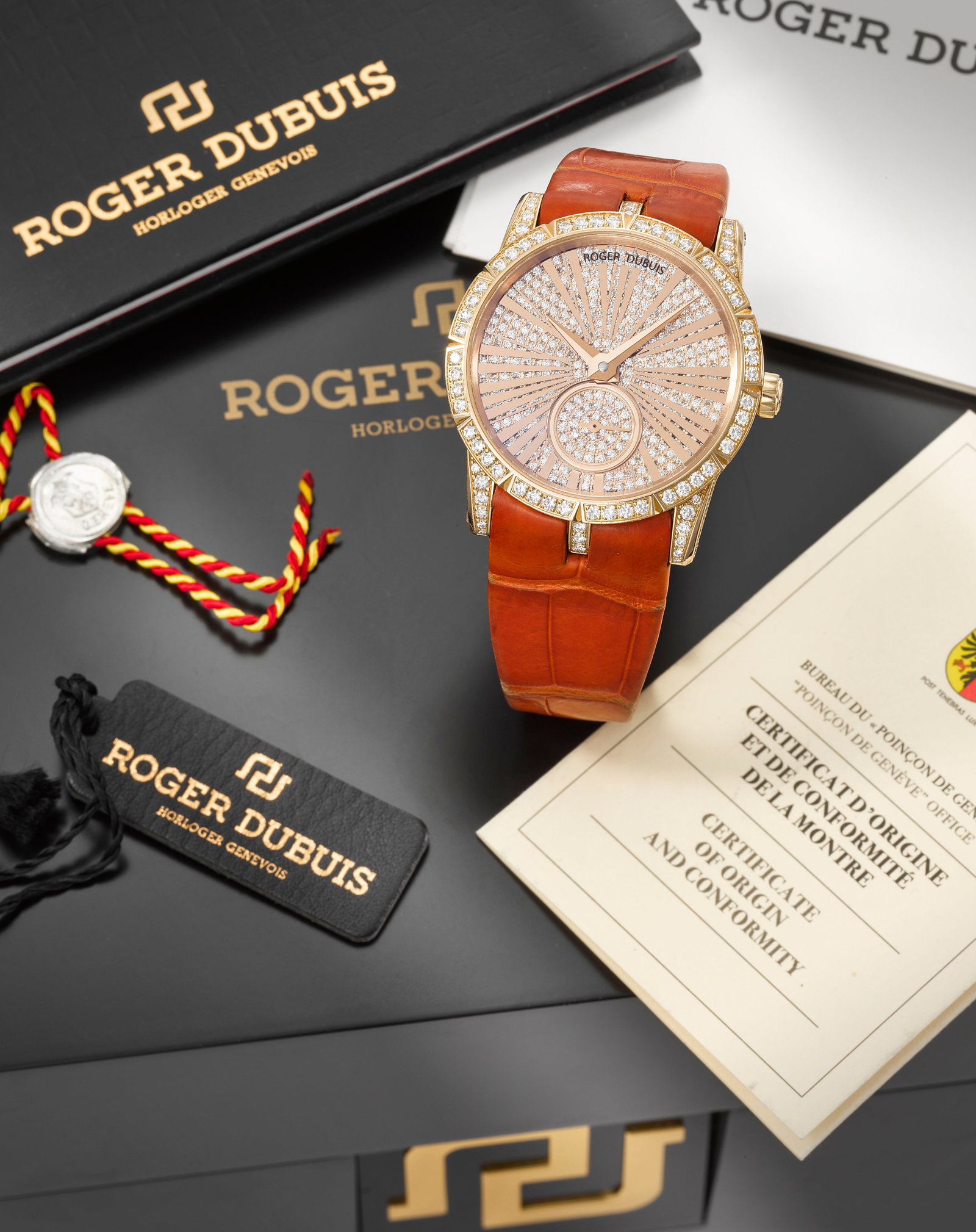 Roger Dubuis. An 18K rose gold diamond set automatic wristwatch Excalibur, Ref: 86160, Purchase...: Roger Dubuis. An 18K rose gold diamond set automatic wristwatch Model: Excalibur Reference: 86160 Date: Purchased 3rd November 2017 Movement: 33-jewel Cal.RD821 automatic, stamped with the Seal of Gen