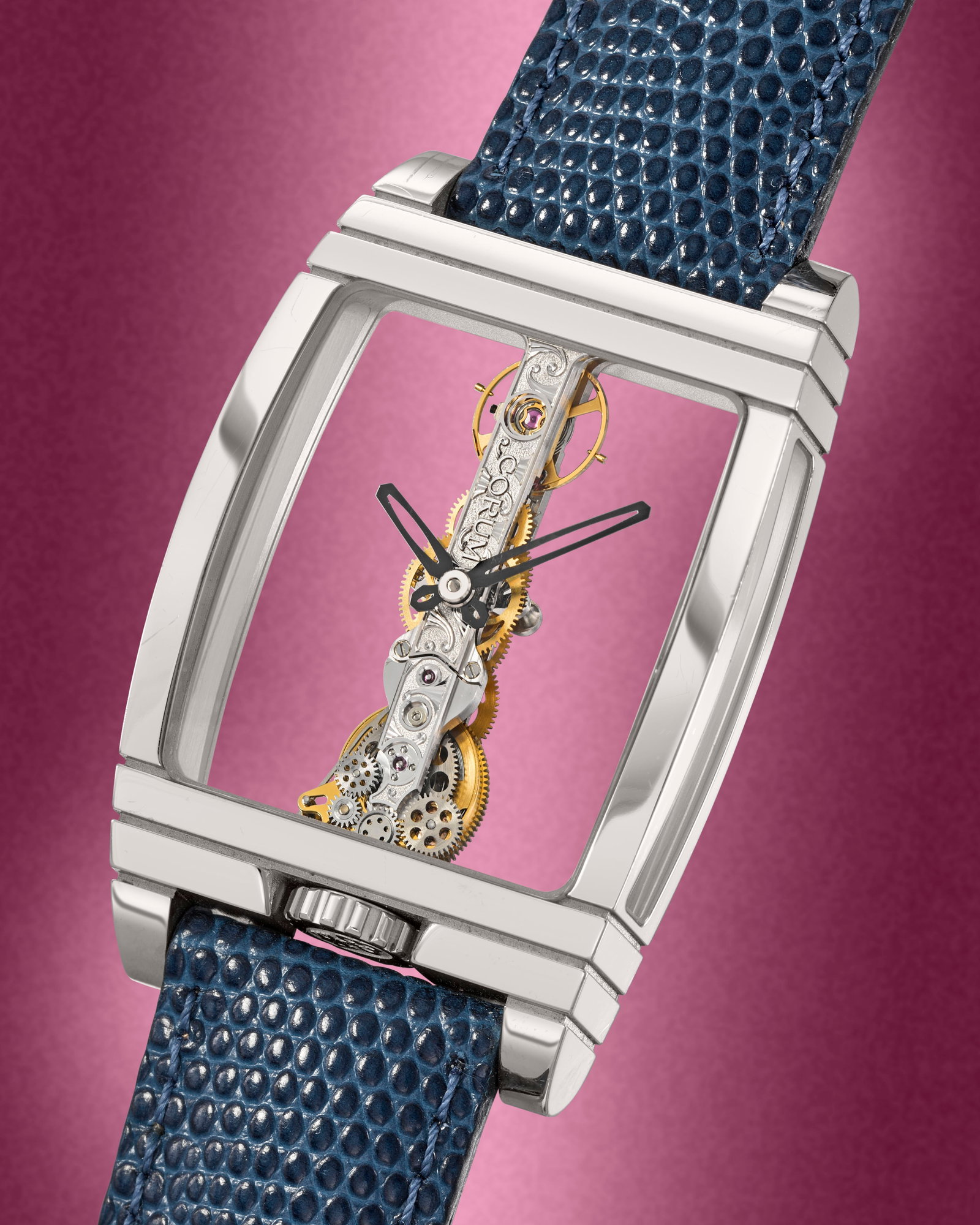Corum. A fine and unusual 18K white gold manual wind straight line wristwatch Golden Bridge, Re...: Corum. A fine and unusual 18K white gold manual wind straight line wristwatch Model: Golden Bridge Reference: 05.0003 Date: Circa 2005 Movement: Jewelled Cal.7000 linear manual wind, suspended from en
