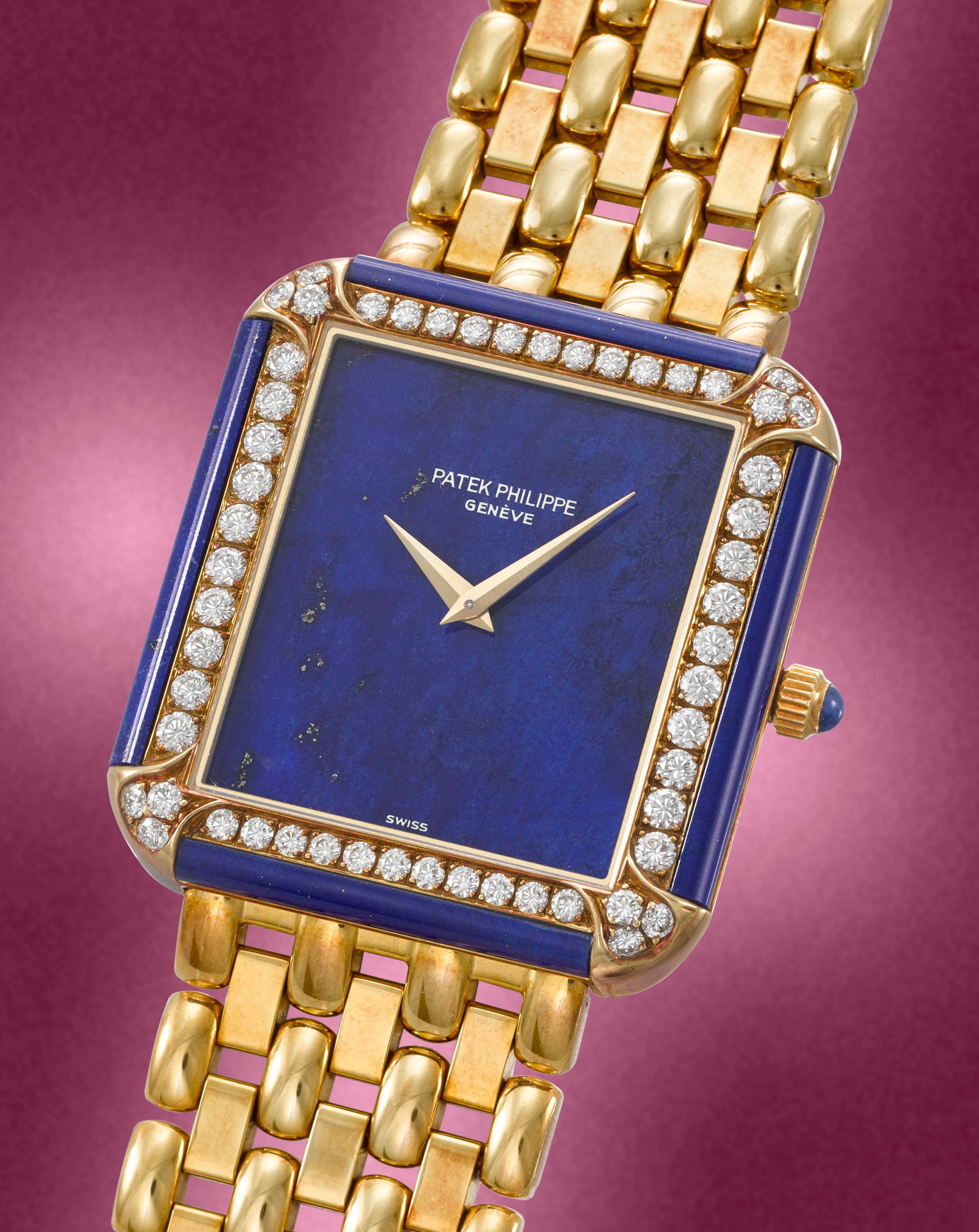 Patek Philippe. A fine and rare 18K diamond set manual wind bracelet watch with lapis lazuli dia... (1 of 1)