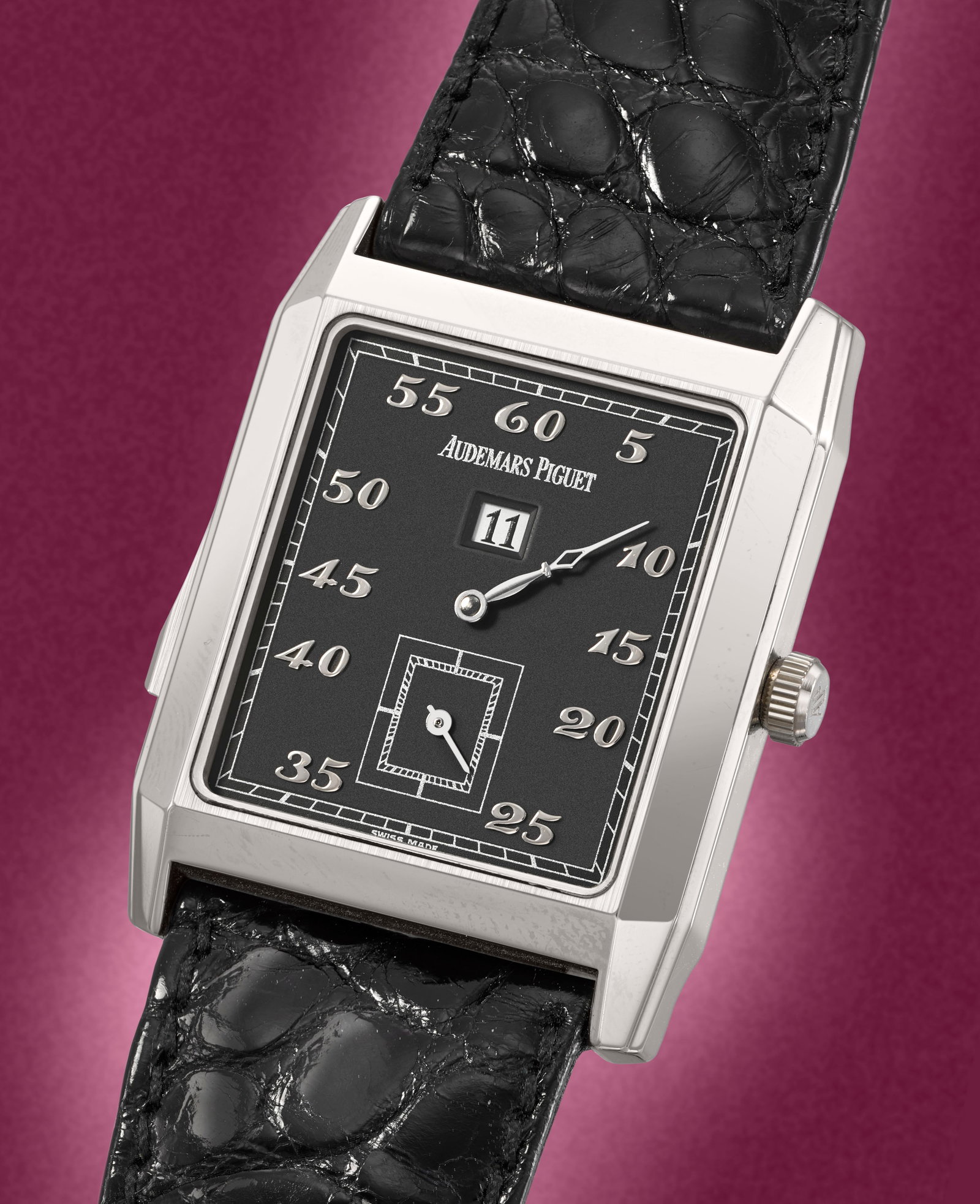 Audemars Piguet. A very fine and rare platinum manual wind minute repeating jump hour wristwatch...: Audemars Piguet. A very fine and rare platinum manual wind minute repeating jump hour wristwatch Reference: 25723, No.53 Date: Circa 1994 Movement: 34-jewel Cal.2865 manual wind, adjusted to heat, col