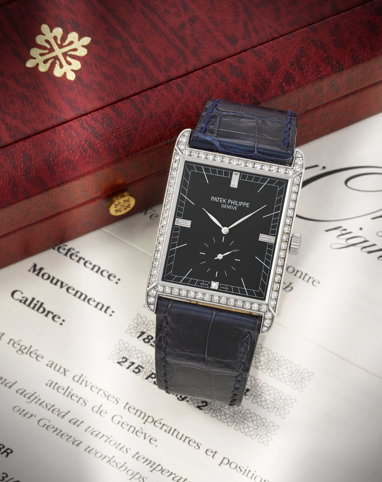 Patek Philippe. An 18K white gold diamond set manual wind wristwatch Gondolo, Ref: 5112G-001, P...: Patek Philippe. An 18K white gold diamond set manual wind wristwatch Model: Gondolo Reference: 5112G-001 Date: Purchased 23nd November 2006 Movement: 18-jewel Cal.215 manual wind, stamped with the Sea
