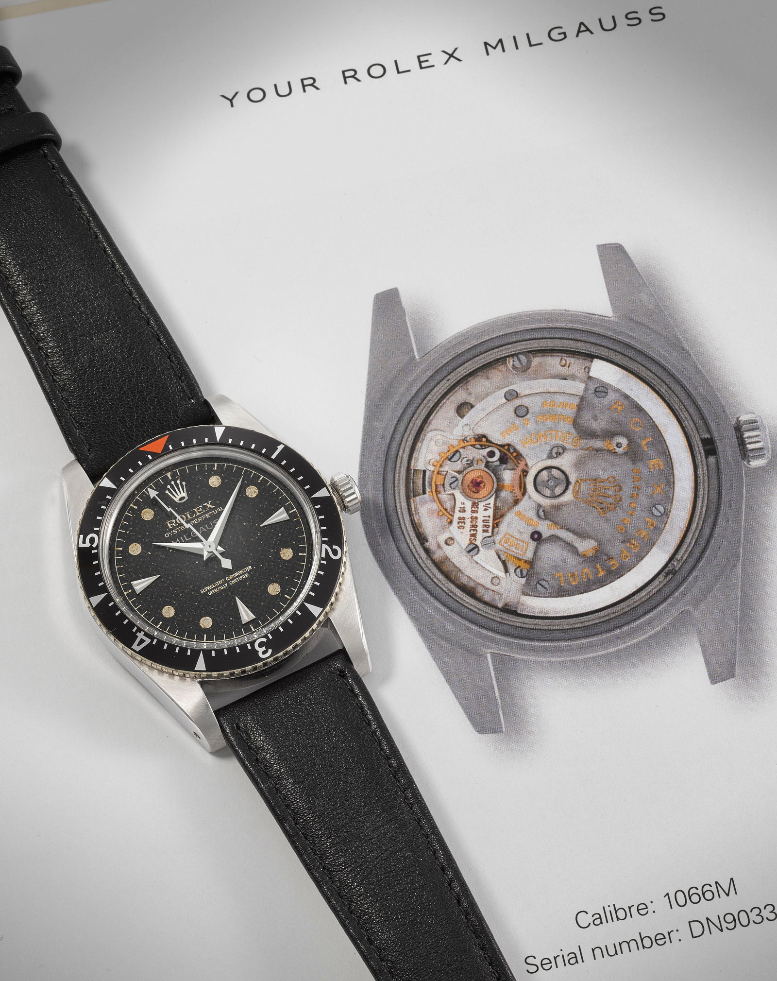 Rolex. A fine and very rare stainless steel automatic antimagnetic wristwatch with honeycomb dia...: Rolex. A fine and very rare stainless steel automatic antimagnetic wristwatch with honeycomb dial recently serviced by the Rolex Atelier de Restauration Model: Milgauss Reference: 6541/0 Date: Circa 1