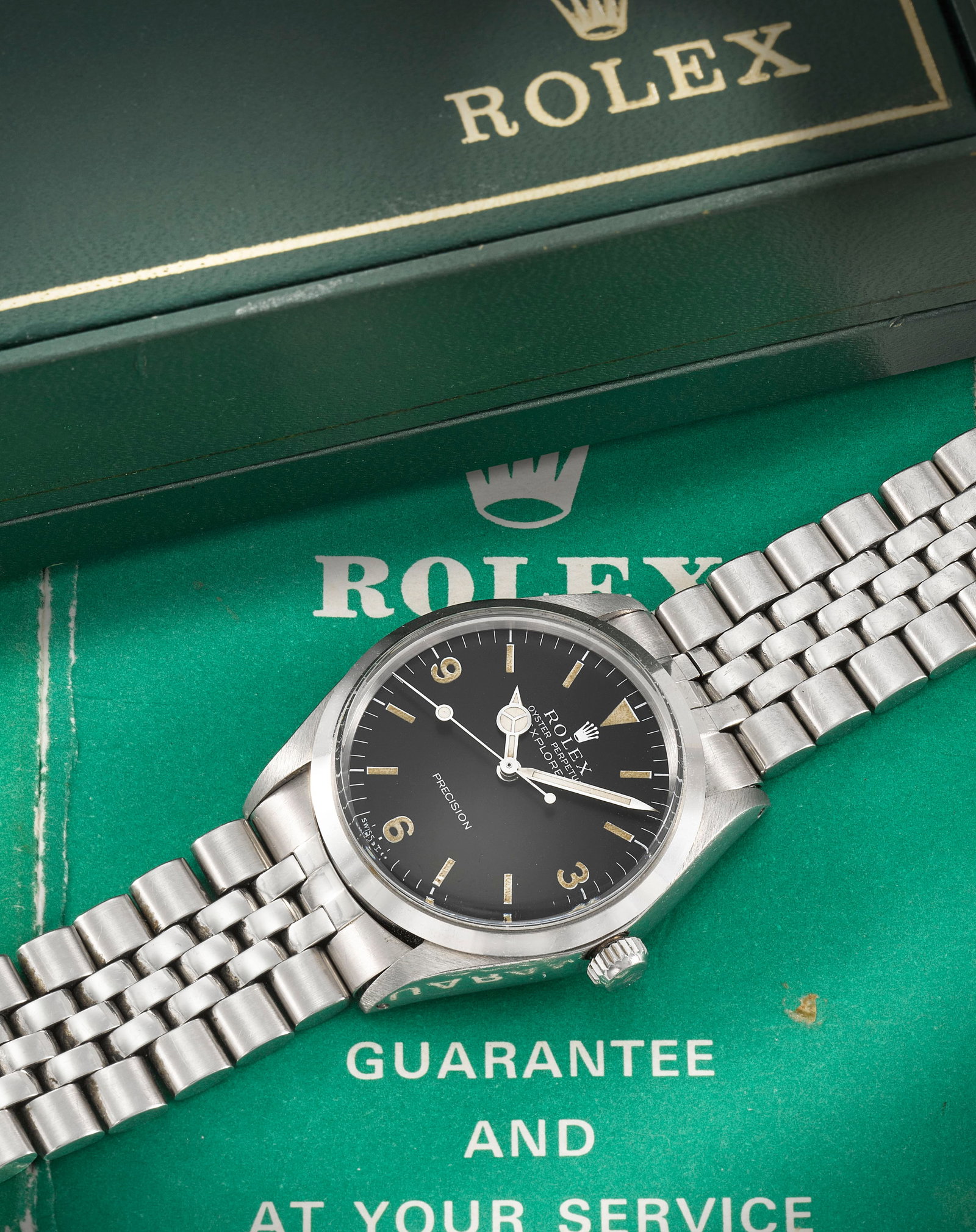 Rolex. A stainless steel automatic bracelet watch Explorer, Ref: 5500, Purchased 29th December ...: Rolex. A stainless steel automatic bracelet watch Model: Explorer Reference: 5500 Date: Purchased 29th December 1971 Movement: 26-jewel Cal.1520 automatic Dial: Black, luminous baton hour markers, Ara