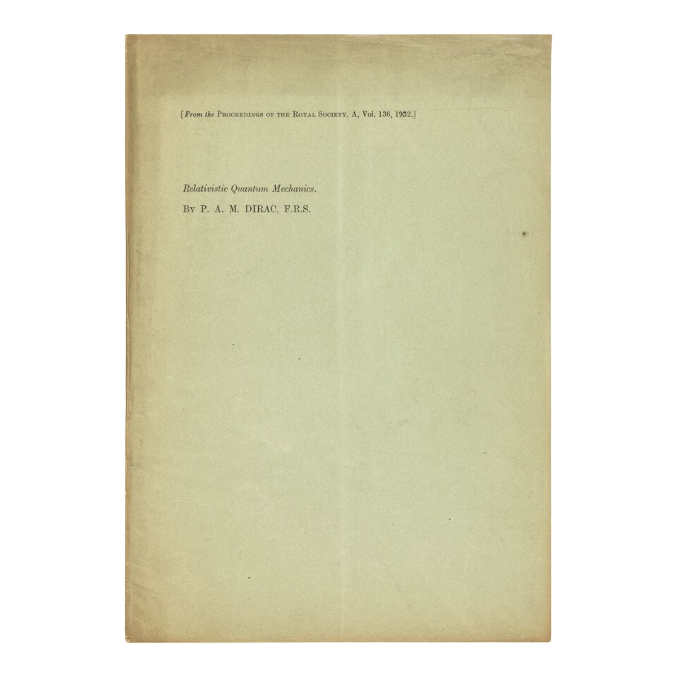 Relativistic quantum mechanics. Dirac, Paul A. M. (1902-84). Relativistic quantum mechanics. Off... - 2