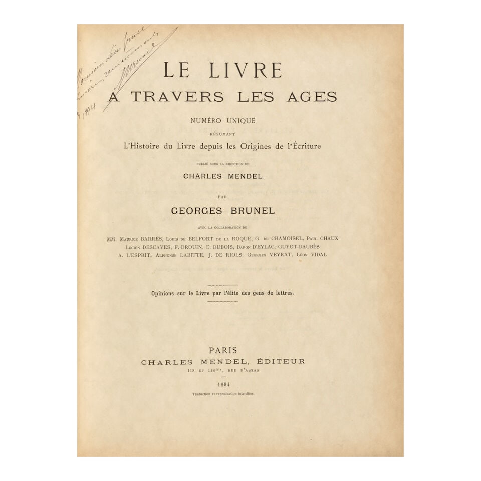 BRUNEL (GEORGES) & CHARLES MENDEL (DIR.) Le Livre à travers les âges. Numéro uniq...: BRUNEL (GEORGES) & CHARLES MENDEL (DIR.) Le Livre à travers les âges. Numéro unique résumant l'Histoire du Livre depuis les Origines de l'Écriture. Paris, Charles Mendel, 