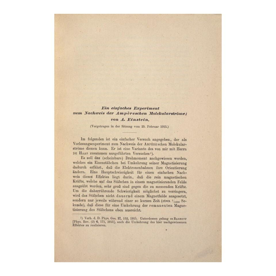 Einstein, Albert (1879-1955). Ein einfaches Experiment zum Nachweis der Ampèreschen Molekul... - 2