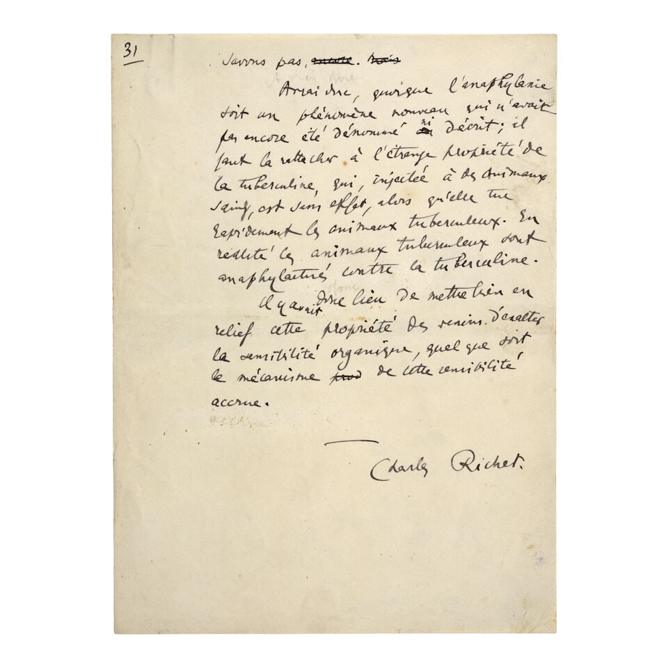 Autograph Manuscript on Anaphylaxis by Nobel Prize Winning Immunologist. RICHET, CHARLES. 1850-1...: Autograph Manuscript on Anaphylaxis by Nobel Prize Winning Immunologist. RICHET, CHARLES. 1850-1935. De l'anaphylaxie ou sensibilite croissante des organismes des doses successives de poison. [Paris, 