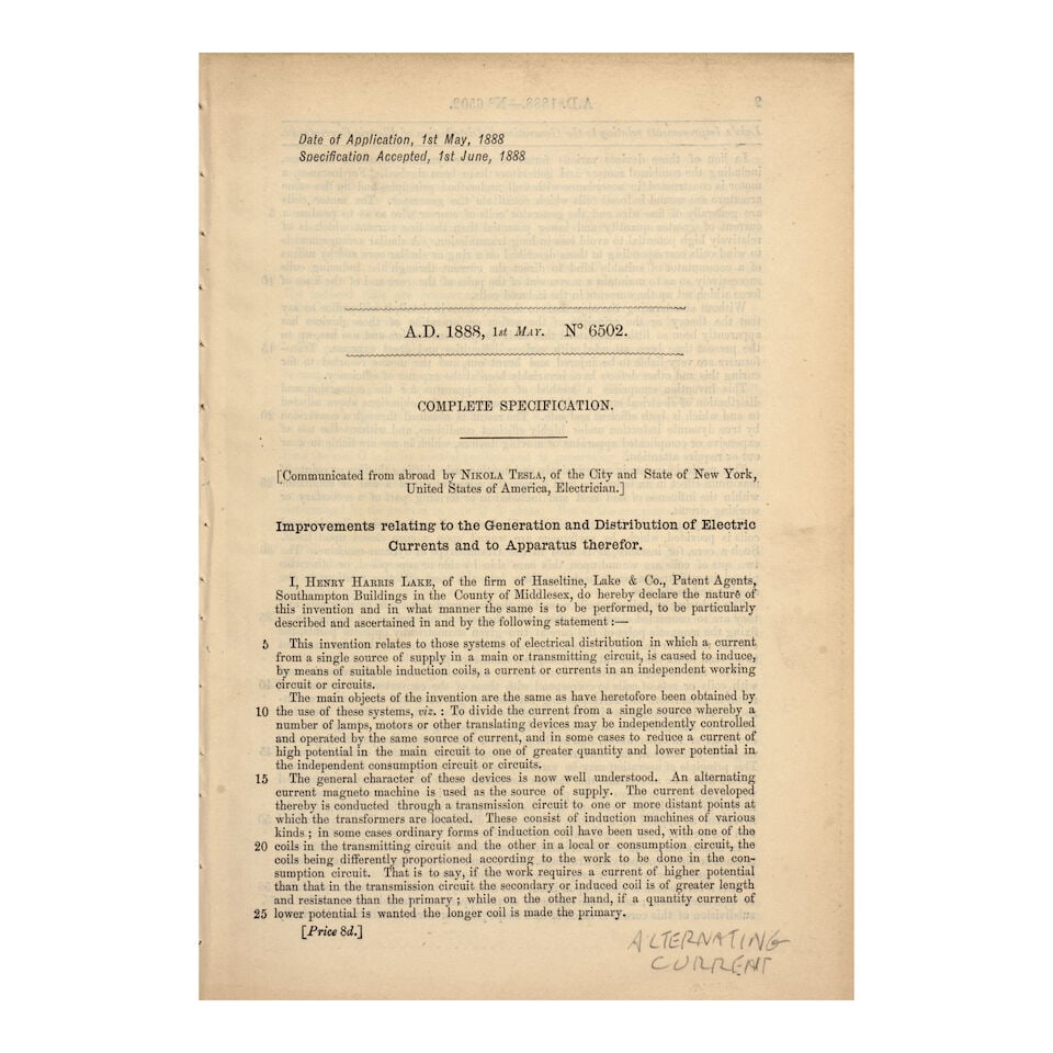 The basis for the whole modern electric-power industry. Tesla, Nikola (1856-1943) and Henry Harr... - 2