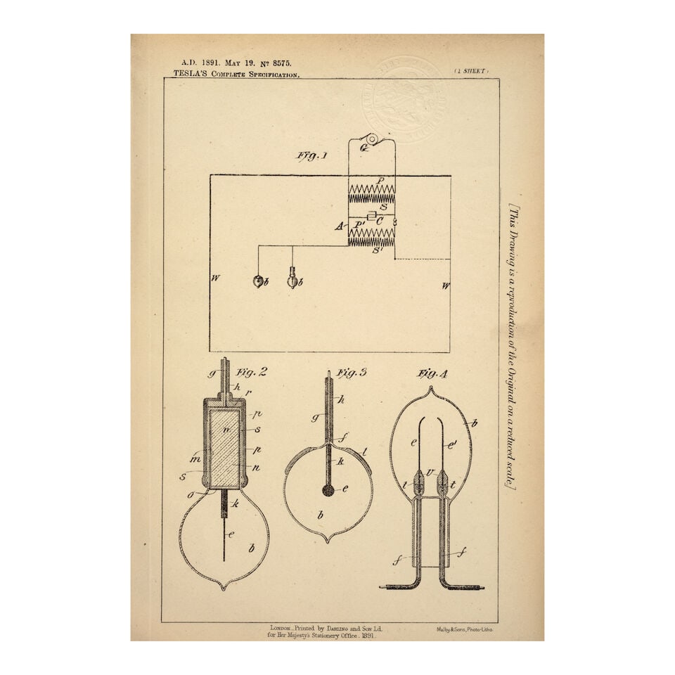 Patent specifications for the Tesla coil. TESLA, NIKOLA. 1856-1943. [Tesla Coil] Complete Specif...: Patent specifications for the Tesla coil. TESLA, NIKOLA. 1856-1943. [Tesla Coil] Complete Specification for Patent No. 8575 Improved methods of and apparatus for generating and utilizing electric ener