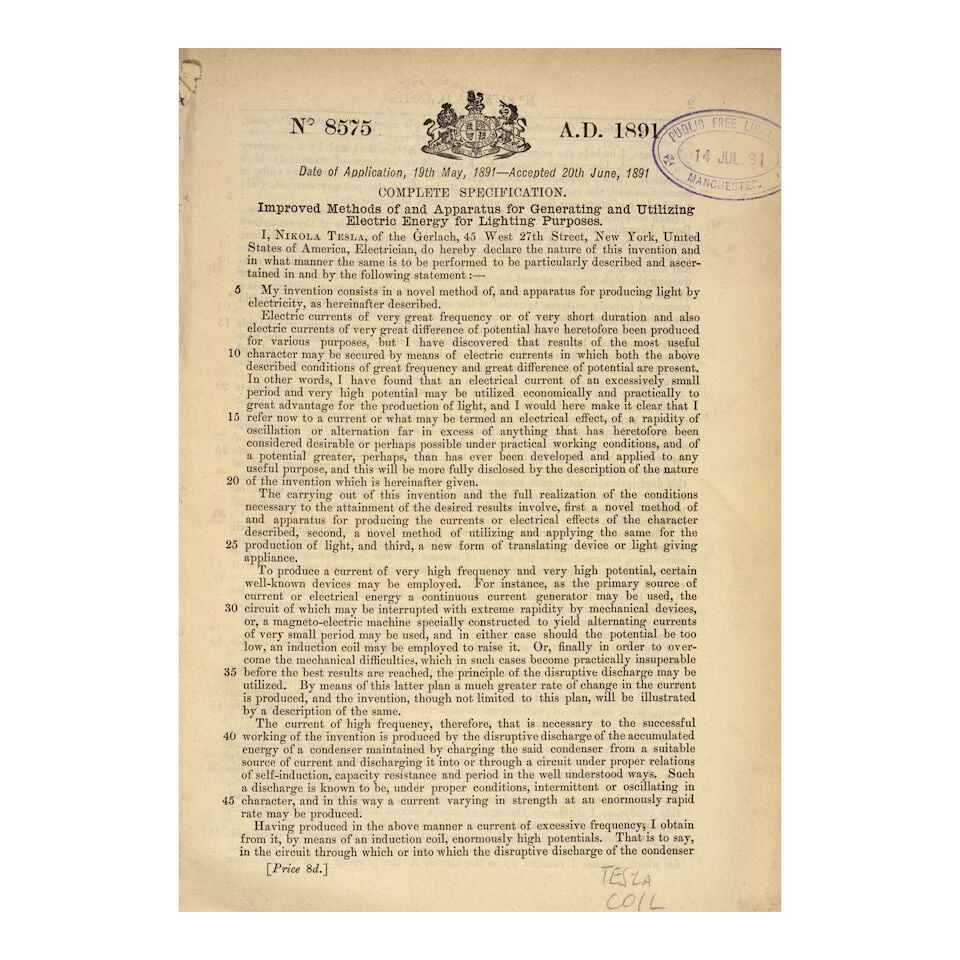Patent specifications for the Tesla coil. TESLA, NIKOLA. 1856-1943. [Tesla Coil] Complete Specif... - 2