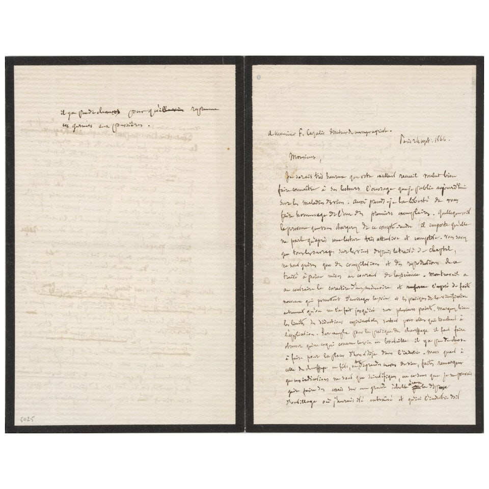Pasteur on the pasteurization of wine. PASTEUR, LOUIS. 1822-95. Autograph draft of a letter to F...: Pasteur on the pasteurization of wine. PASTEUR, LOUIS. 1822-95. Autograph draft of a letter to Frédéric Cazalis, editor of Le messager agricole. Paris, 24 September 1866. Bifolium (172 x